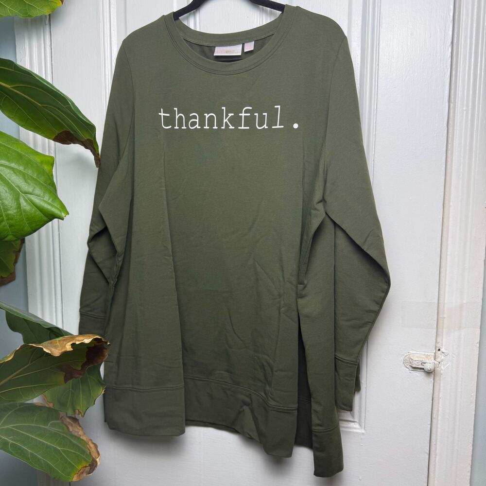 Kim Gravel Belle Sweatshirt "Thankful" Holiday Green Womens 2X NWOT